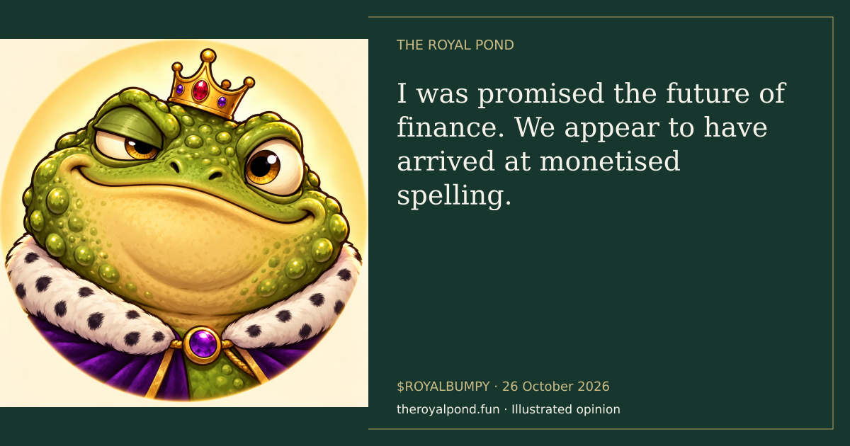 Illustrated royal verdict: I was promised the future of finance. We appear to have arrived at monetised spelling.