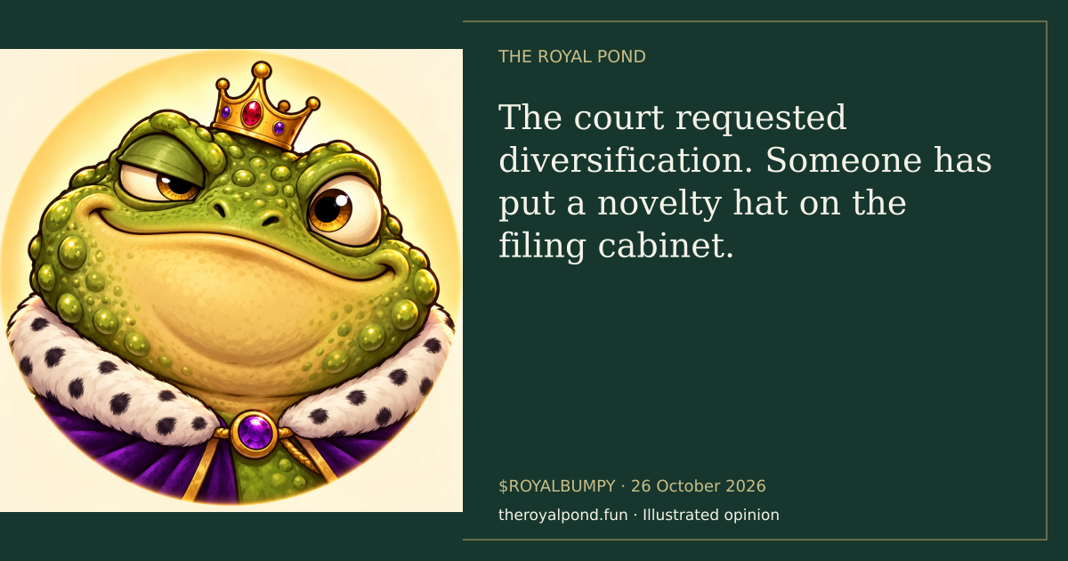 Illustrated royal verdict: The court requested diversification. Someone has put a novelty hat on the filing cabinet.