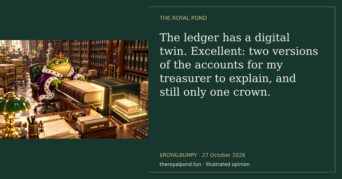 Illustrated royal verdict: The ledger has a digital twin. Excellent: two versions of the accounts for my treasurer to explain, and still only one crown.