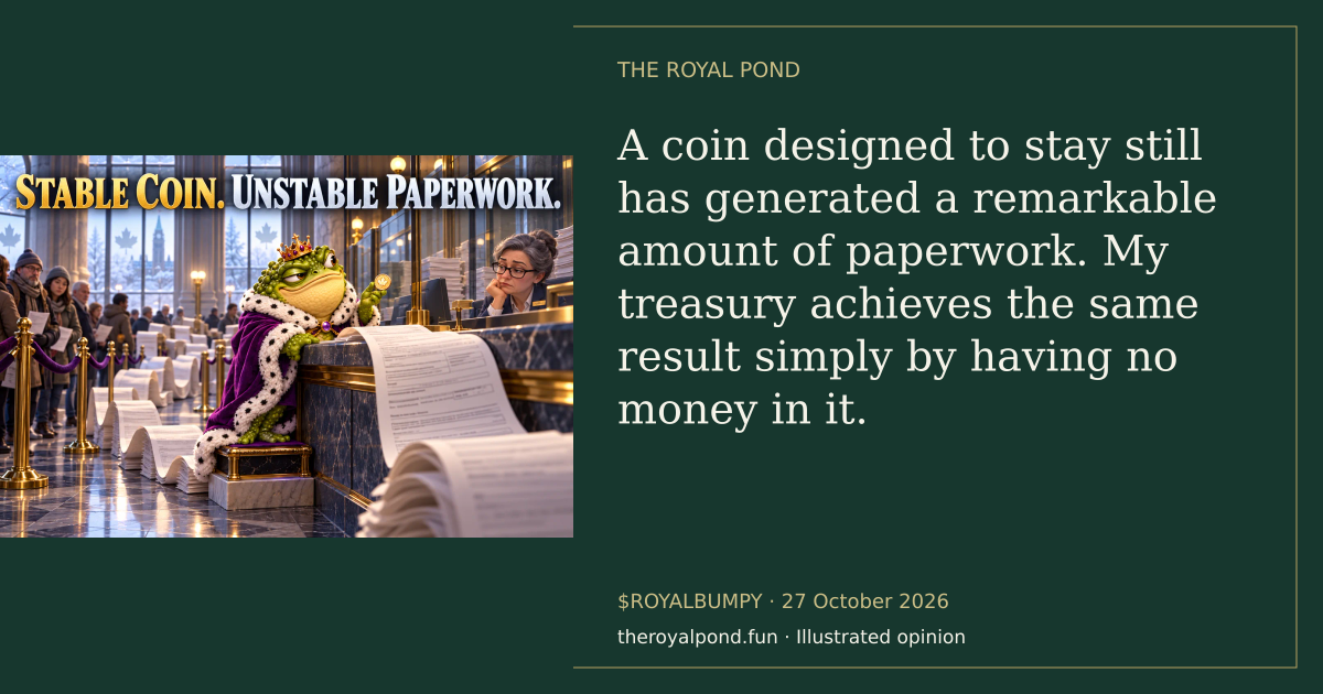 Illustrated royal verdict: A coin designed to stay still has generated a remarkable amount of paperwork. My treasury achieves the same result simply by having no money in it.