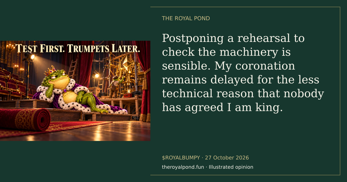 Illustrated royal verdict: Postponing a rehearsal to check the machinery is sensible. My coronation remains delayed for the less technical reason that nobody has agreed I am king.