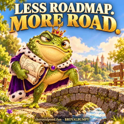 RoyalBumpyToad inspects a completed stone bridge with plans under his arm. Text: Less roadmap. More road. Footer: theroyalpond.fun · $ROYALBUMPY.