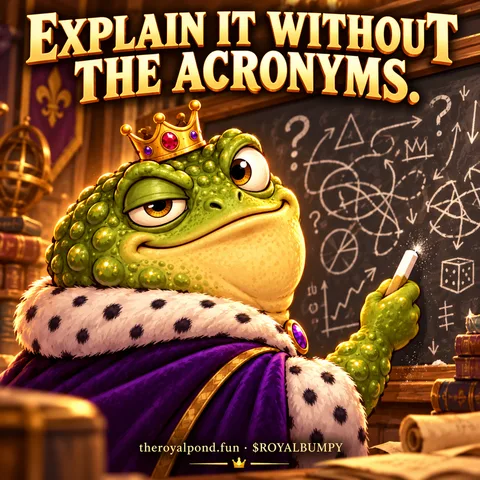 A baffled RoyalBumpyToad holds chalk beside a board of tangled symbols. Text: Explain it without the acronyms. Footer: theroyalpond.fun · $ROYALBUMPY.