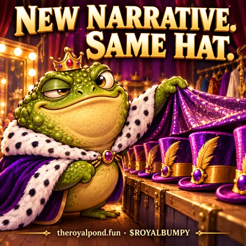 RoyalBumpyToad unveils a row of identical purple hats backstage. Text: New narrative. Same hat. Footer: theroyalpond.fun · $ROYALBUMPY.