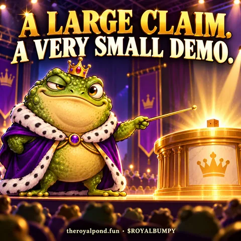 RoyalBumpyToad points to a tiny wooden cube on a grand conference stage. Text: A large claim. A very small demo. Footer: theroyalpond.fun · $ROYALBUMPY.