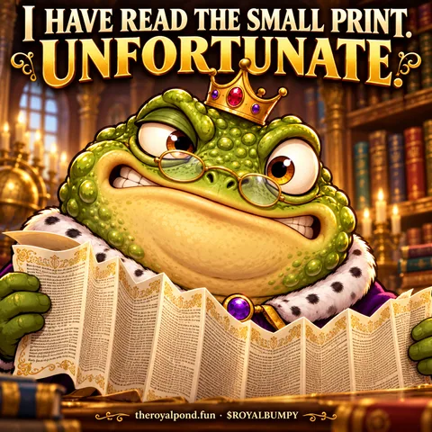 RoyalBumpyToad grimaces through spectacles at a long folded contract. Text: I have read the small print. Unfortunate. Footer: theroyalpond.fun · $ROYALBUMPY.