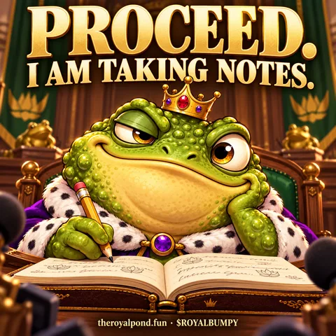 RoyalBumpyToad holds a pencil over a notebook full of fly drawings in court. Text: Proceed. I am taking notes. Footer: theroyalpond.fun · $ROYALBUMPY.