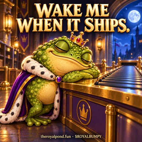 RoyalBumpyToad sleeps at an empty royal parcel conveyor. Text: Wake me when it ships. Footer: theroyalpond.fun · $ROYALBUMPY.